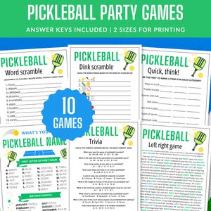 May include: Printable pickleball party games, such as word scrambles and trivia, with answer keys. The games are designed with a green and yellow colour scheme. The text "PICKLEBALL PARTY GAMES" is displayed at the top of the image.