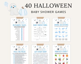 Op de afbeelding: Een set van zes Halloween-thema babyshower spellen. De spellen omvatten "Old Wives Tales", "Baby Predictions", "Animal Gestations", "Pass the Prize", "Left Right Baby" en "How Big is Baby?" Elk spel heeft een blauw en wit kleurenschema met spook- en pompoenillustraties.