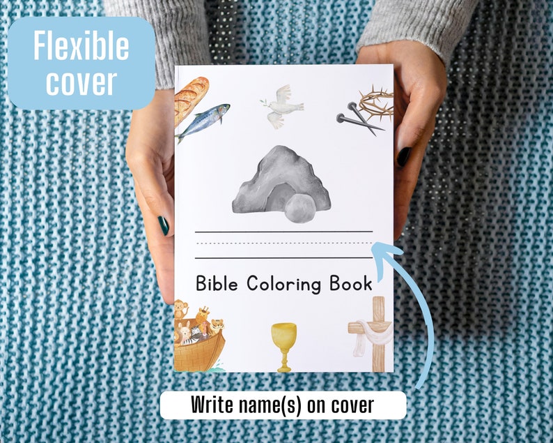 May include: A white, flexible cover Bible coloring book with a watercolor illustration of a dove, a crown of thorns, nails, a stone, a chalice, a cross, a boat with animals, and a loaf of bread. The book has a space to write a name on the cover.  Bible Coloring Book.