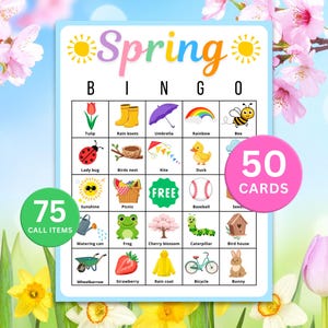 May include: A Spring Bingo game card featuring spring-themed illustrations such as a tulip, wellington boots, and a rainbow. Includes 50 cards and 75 call items. The word "Spring" is written in colourful letters.