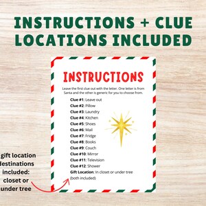 May include: Printable Christmas scavenger hunt instructions with a red and green striped border. The instructions include a list of 12 clues, each with a different location in the house, and a star graphic. The instructions also state that the gift location is either in the closet or under the tree.