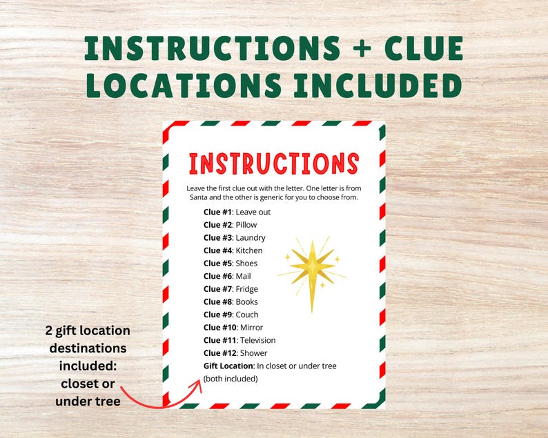 May include: Printable Christmas scavenger hunt instructions with a red and green striped border. The instructions include a list of 12 clues, each with a different location in the house, and a star graphic. The instructions also state that the gift location is either in the closet or under the tree.