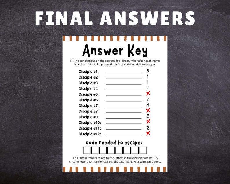 Puede incluir: Una hoja de trabajo titulada "FINAL ANSWERS" con una "Answer Key" para un rompecabezas. La clave enumera disc&iacute;pulos y n&uacute;meros correspondientes, con espacios para respuestas y un c&oacute;digo final. El texto incluye una pista sobre la soluci&oacute;n del rompecabezas.