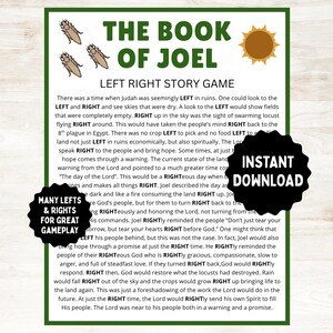 May include: A green-bordered printable featuring the text "THE BOOK OF JOEL LEFT RIGHT STORY GAME." The design includes illustrations of insects and a sun, with the words "INSTANT DOWNLOAD" and "MANY LEFTS & RIGHTS FOR GREAT GAMEPLAY."