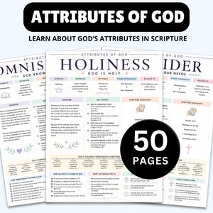 Op de afbeelding: Een educatieve set van 50 pagina's getiteld Attributes of God, met gedetailleerde overzichten van goddelijke eigenschappen zoals heiligheid en alwetendheid. Elke pagina bevat definities, bijbelverzen en iconen.