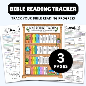 May include: A three-page Bible reading tracker set featuring a central bookshelf illustration with colorful book spines labeled with book names, a globe, and potted plants. The text reads BIBLE READING TRACKER and 3 PAGES.
