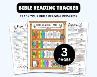May include: A three-page Bible reading tracker set featuring a central bookshelf illustration with colorful book spines labeled with book names, a globe, and potted plants. The text reads BIBLE READING TRACKER and 3 PAGES.