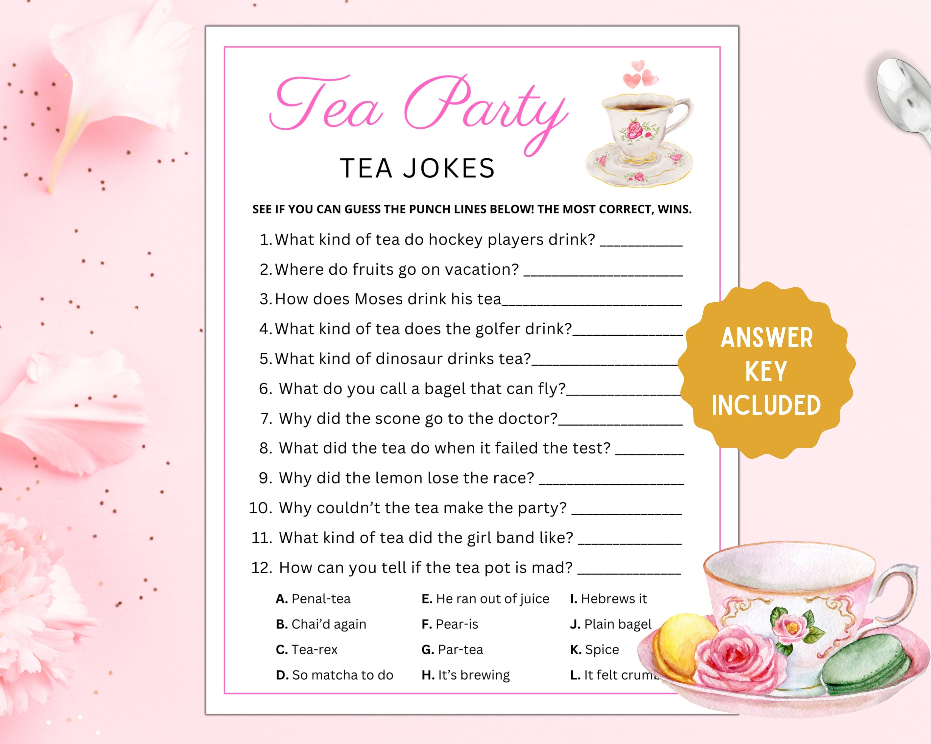 Funny Tea Party Joke Game | Printable Activity (answer Key) - Etsy