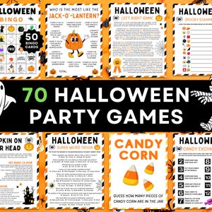 May include: A collection of 70 Halloween party games printed on white paper with orange and black striped borders. The set includes Bingo cards, a Jack-O-Lantern trivia sheet, a left-right game, a spooky scramble, trivia, and candy games.