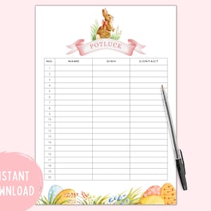May include: Printable Easter potluck sign-up sheet featuring a watercolour illustration of a bunny rabbit wearing a pink bow. The sign-up sheet has columns for number, name, dish, and contact information. The sheet is decorated with pastel pink and green colours and has a banner that says "Potluck".