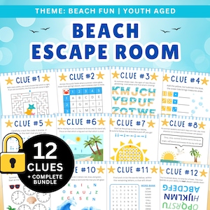 Op de afbeelding: Een complete Beach Escape Room-gamebundel met 12 aanwijzingen. Het spel heeft een strandthema en is ontworpen voor jongeren. Elke aanwijzingskaart bevat puzzels, woordspelletjes en doolhoven. Het spel bevat een slotafbeelding en de tekst "12 Aanwijzingen + Complete Bundel."