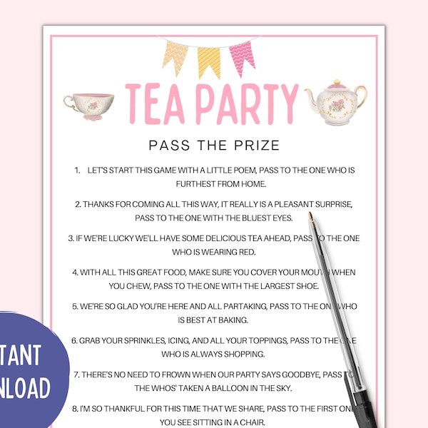 Pass the Prize Tea Party | Tea Party Games | Tea Party Games Adults Kids Toddler | Tea Party Printable Games | Tea Party Bridal Baby Shower