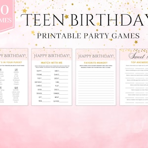 May include: A printable party game set for a teen birthday party. The set includes four pink and gold cards with the titles "What's in Your Purse?", "Match with Me", "Favorite Memory", and "Sweet 16 Top Answers". Each card has a list of questions or prompts for guests to answer.