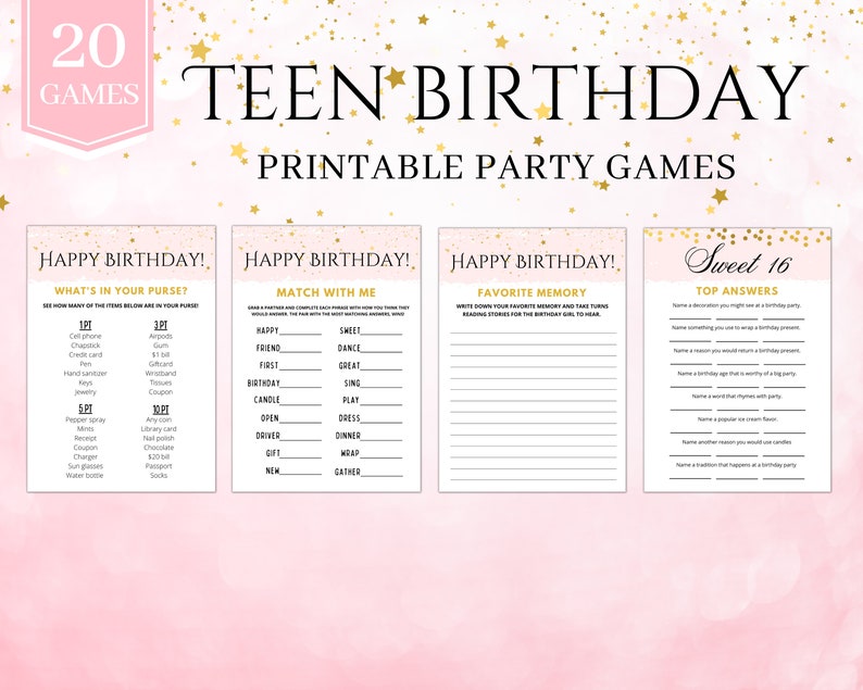 May include: A printable party game set for a teen birthday party. The set includes four pink and gold cards with the titles "What's in Your Purse?", "Match with Me", "Favorite Memory", and "Sweet 16 Top Answers". Each card has a list of questions or prompts for guests to answer.