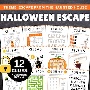 May include: A Halloween escape room game with 12 clues. The game includes puzzles, mazes, and word searches with a haunted house theme. The game features a complete bundle with a lock graphic.
