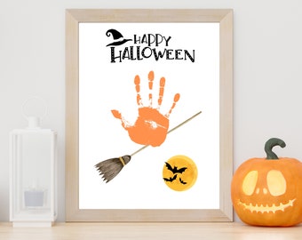 May include: A printable Halloween craft for kids featuring an orange handprint, a black broom, and a yellow moon with black bats. The text "Happy Halloween" is printed in black at the top of the page.