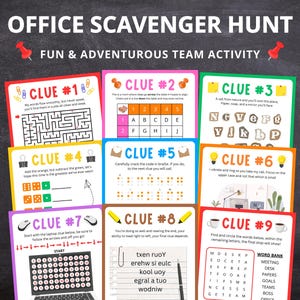 May include: A colorful office scavenger hunt game with nine clues, each on a different card. The cards feature puzzles, riddles, and word games. The title "OFFICE SCAVENGER HUNT" is at the top, with the words "FUN & ADVENTUROUS TEAM ACTIVITY" below.