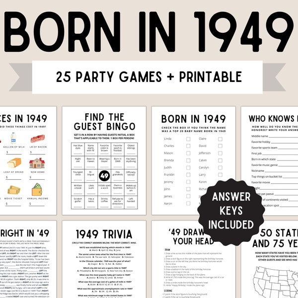 75th Birthday Party Games | Born in 1949 | 70th Birthday Games | 1949 Games | 1949 Birthday Game | 1949 Trivia | 70th Party Game | Printable