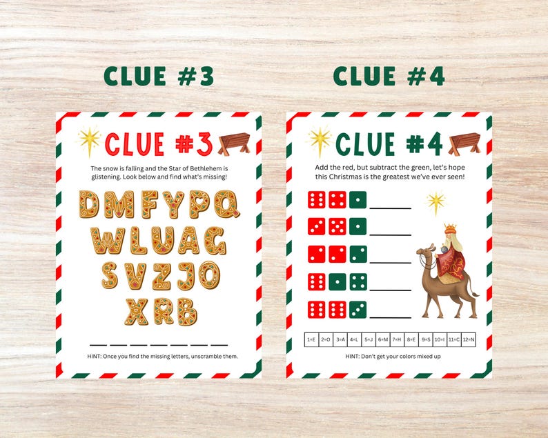 May include: Two Christmas-themed printable clue cards with instructions for a scavenger hunt. The first card has a gingerbread letter puzzle with the text "The snow is falling and the Star of Bethlehem is glistening. Look below and find what's missing!" The second card has a dice puzzle with the text "Add the red, but subtract the green, let's hope this Christmas is the greatest we've ever seen!"