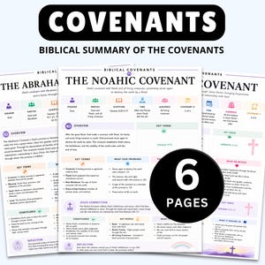 Könnte beinhalten: Ein Set aus sechs Bildungsseiten mit dem Titel COVENANTS: BIBLICAL SUMMARY OF THE COVENANTS. Die Dokumente zeigen schwarzen Text auf weißem Hintergrund mit farbigen Symbolen und Überschriften und beschreiben biblische Bündnisse wie den Noah-Bund.