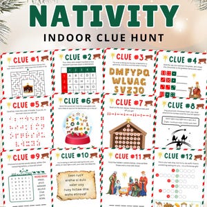 May include: A set of 12 printable Christmas activity cards with a Nativity theme. Each card has a different clue or puzzle to solve, with a festive Christmas design.