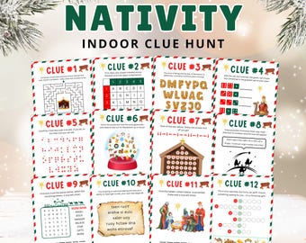 May include: A set of 12 printable Christmas activity cards with a Nativity theme. Each card has a different clue or puzzle to solve, with a festive Christmas design.