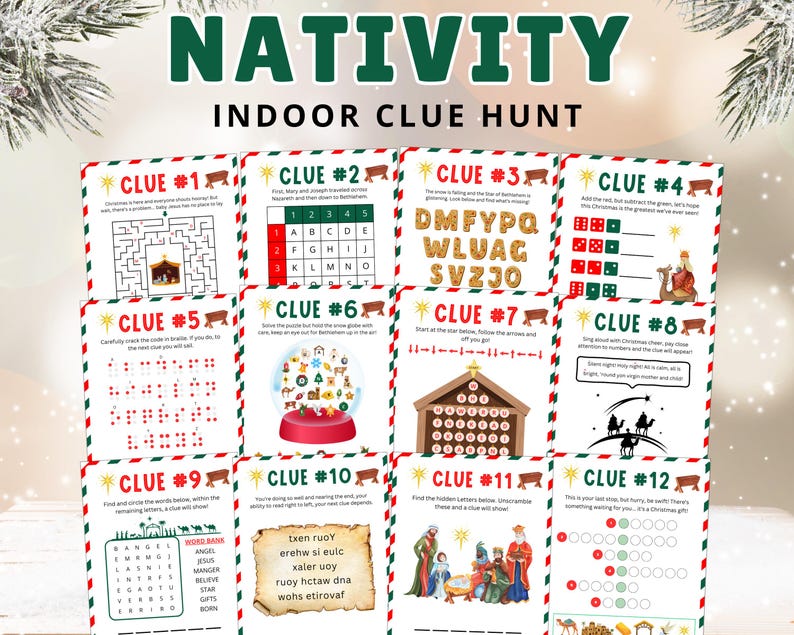 May include: A set of 12 printable Christmas activity cards with a Nativity theme. Each card has a different clue or puzzle to solve, with a festive Christmas design.