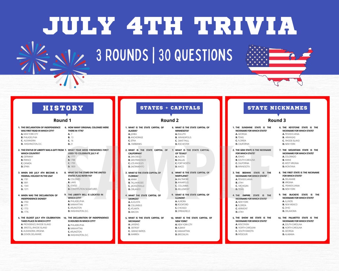 4th of July Trivia Game | Patriotic USA History (digital Download) - Etsy