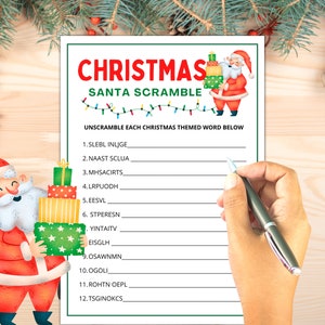 May include: A printable Christmas-themed word scramble game featuring a cartoon Santa Claus holding presents. The game includes 12 words to unscramble, such as "SLEBL INLJGE" and "NAAST SCLUA".