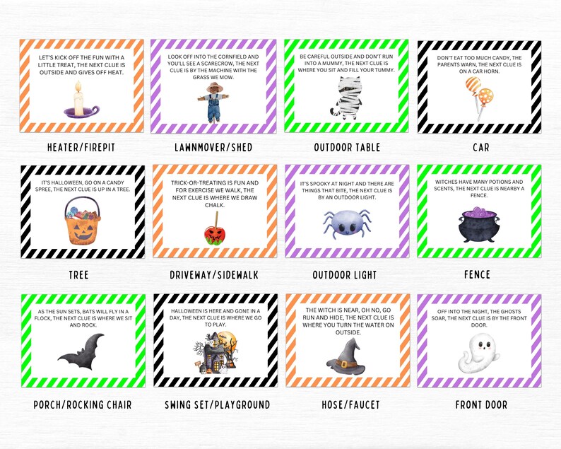 May include: A set of 10 colorful cards with black and white stripes. Each card has a Halloween-themed image and text. The text on each card describes a location and a clue for a Halloween scavenger hunt. For example, one card says "Let's kick off the fun with a little treat, the next clue is outside and gives off heat." and has an image of a heater.