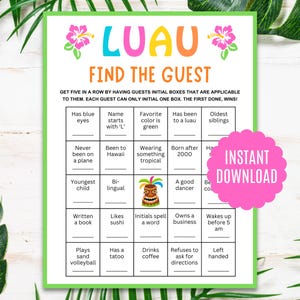 Luau Find the Guest Bingo | Luau Game | Aloha Game | Luau Party Game | Luau Party | Luau Printables | Hawaii Game | Luau Icebreaker