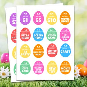 Puede incluir: Pegatinas de huevos de Pascua imprimibles con orejas de conejo y varios premios, que incluyen dinero en efectivo, noche de cine, noche de pizza, tiempo de pantalla, videojuego, día sin tareas, un animal de peluche, una manualidad, una tarjeta de regalo, un capricho de tu elección, un juguete nuevo y una fiesta de pijamas.