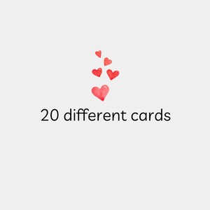 May include: A set of 20 different cards with a red heart design. The hearts are scattered around the text "20 different cards".