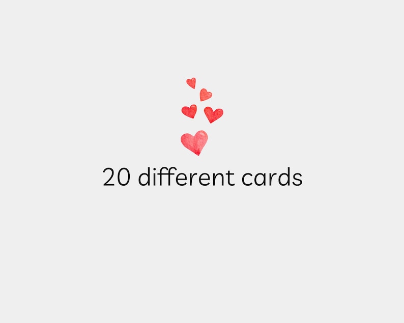 May include: A set of 20 different cards with a red heart design. The hearts are scattered around the text "20 different cards".