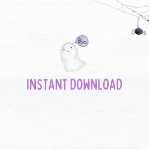 May include: A white ghost with a purple speech bubble that says "Boo" on a white background with a black spider hanging from a web.