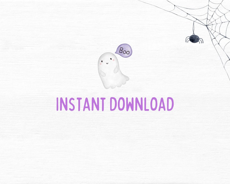 May include: A white ghost with a purple speech bubble that says "Boo" on a white background with a black spider hanging from a web.