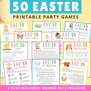 May include: A set of 50 printable Easter party games. The games include a variety of activities, such as word scrambles, egg hunts, and trivia. The games are designed to be fun for all ages and are perfect for an Easter celebration.