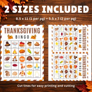 Puede incluir: Un juego de bingo de Acci&oacute;n de Gracias en dos tama&ntilde;os: 21,6 x 27,9 cm y 14 x 17,8 cm. Las tarjetas muestran iconos coloridos de oto&ntilde;o como pavos y calabazas, con el texto Thanksgiving Bingo y Cut lines for easy printing.