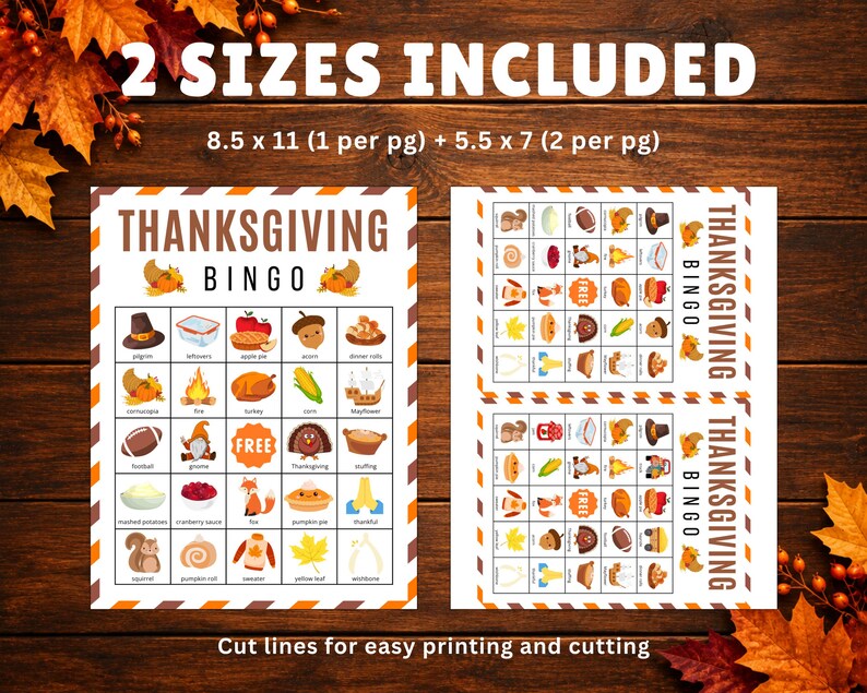 Puede incluir: Un juego de bingo de Acci&oacute;n de Gracias en dos tama&ntilde;os: 21,6 x 27,9 cm y 14 x 17,8 cm. Las tarjetas muestran iconos coloridos de oto&ntilde;o como pavos y calabazas, con el texto Thanksgiving Bingo y Cut lines for easy printing.