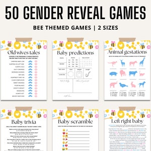May include: A set of printable gender reveal games with a bee theme. The games include "Old Wives Tales", "Baby Predictions", "Animal Gestations", "Baby Trivia", "Baby Scramble", and "Left Right Baby".