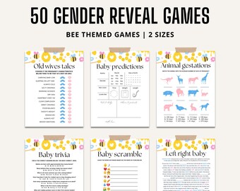 May include: A set of printable gender reveal games with a bee theme. The games include "Old Wives Tales", "Baby Predictions", "Animal Gestations", "Baby Trivia", "Baby Scramble", and "Left Right Baby".