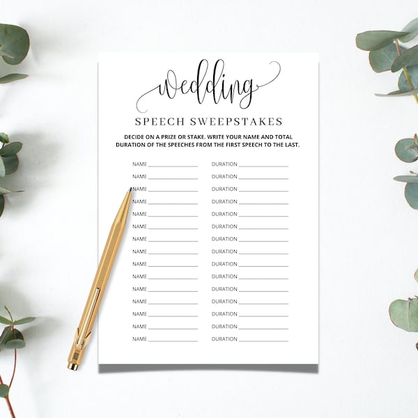 Wedding Speech Sweepstakes | Wedding Games | Wedding Reception Games | Wedding Speech Game | Wedding Game | Wedding Party Games Printable