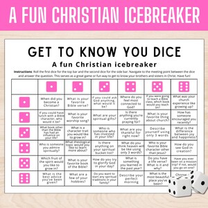 May include: A white game board with pink dice icons and the text "GET TO KNOW YOU DICE" and "A FUN CHRISTIAN ICEBREAKER". Includes instructions and questions for a fun Christian icebreaker game.