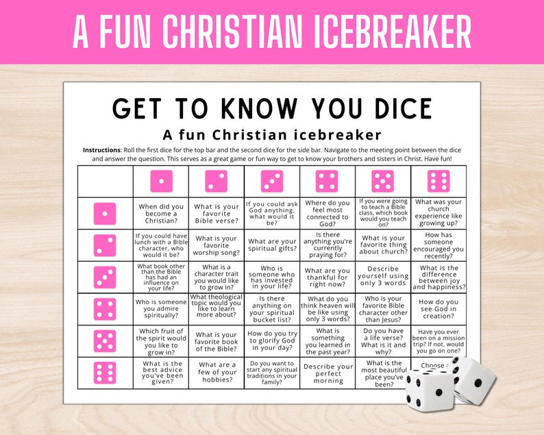 May include: A white game board with pink dice icons and the text "GET TO KNOW YOU DICE" and "A FUN CHRISTIAN ICEBREAKER". Includes instructions and questions for a fun Christian icebreaker game.