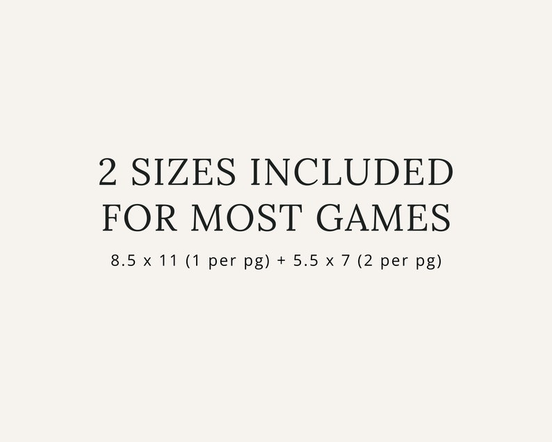 Peut inclure: Texte qui indique "2 SIZES INCLUDED FOR MOST GAMES 8.5 x 11 (1 per pg) + 5.5 x 7 (2 per pg)"
