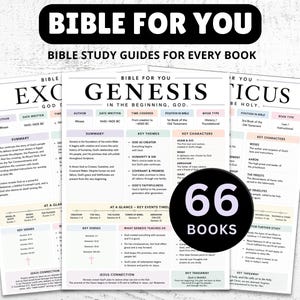May include: A set of Bible study guide sheets titled BIBLE FOR YOU, featuring detailed summaries, key themes, characters, and timelines for books including Genesis and Exodus. A black circular graphic displays the text 66 BOOKS.