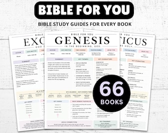 Peut inclure: Un ensemble de fiches d'étude biblique intitulées BIBLE FOR YOU, présentant des résumés détaillés, des thèmes clés, des personnages et des chronologies pour des livres comme la Genèse et l'Exode. Un cercle noir affiche 66 BOOKS.