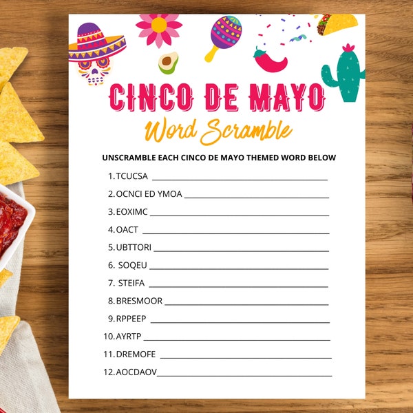 Jeu de mots brouillé Cinco De Mayo | Cinco de Mayo amusant | Jeu Cinco De Mayo | Jeux de société à Cinco De Mayo | Jeu Cinco De May Adultes Enfants Ecole