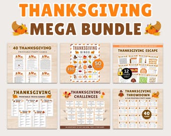 Può includere: Thanksgiving Mega Bundle con giochi di festa stampabili, bingo, kit escape room, giochi a quiz, sfide e throwdown. L'immagine presenta una varietà di carte e fogli di gioco colorati con illustrazioni e testo a tema Thanksgiving.