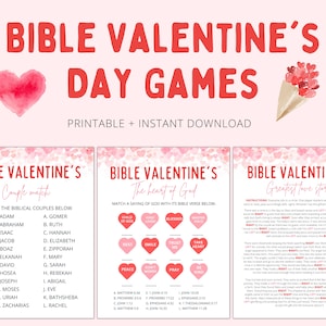 May include: Printable Bible Valentine's Day games with pink hearts and watercolour designs. The games include "Couple Match", "The Heart of God", and "Greatest Love Story".